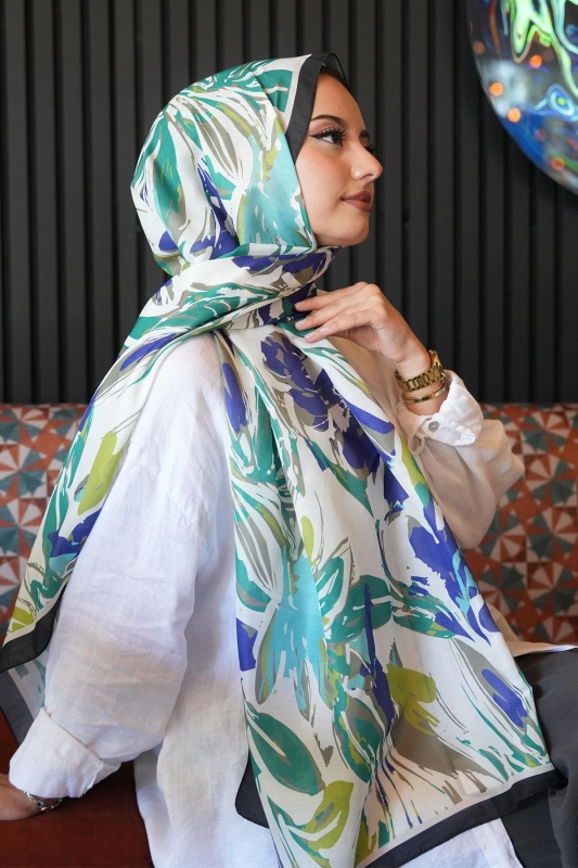Zambak Çiçek Desen Yeşil Soft Pamuk Şal - 5
