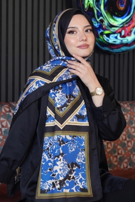 Zincir Gül Desen Saks Soft Pamuk Şal - 1
