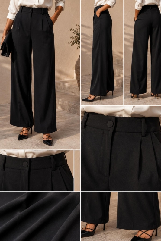 Siyah Geniş Paça Pilili Dokuma Kumaş Pantolon - 3